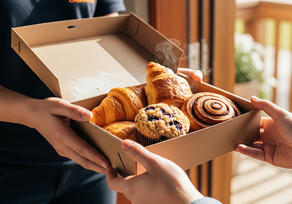 Delivery person handing bakery box to happy customer at home